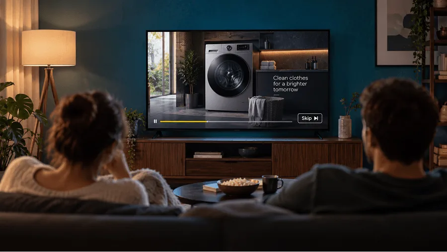 Couple watching a streaming video ad for a washing machine on a connected TV in their living room