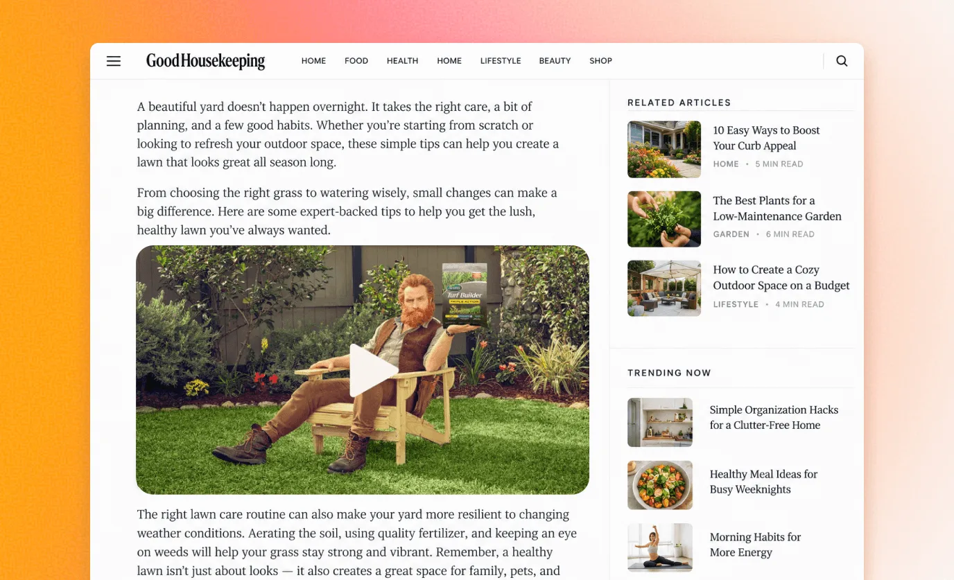 Outstream video ad for a lawn care product playing between paragraphs of a home and garden article