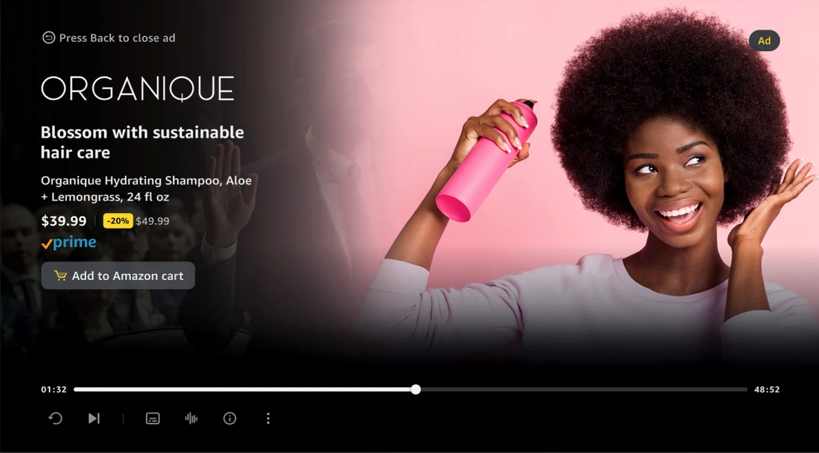 Interactive pause ad on a streaming service, showing a shampoo offer with an Add to Cart button while the show is paused