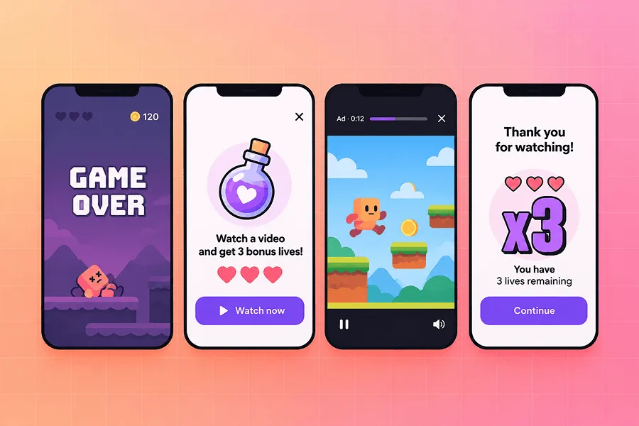Rewarded video ad flow in a mobile game: game over screen, offer to watch a video for 3 bonus lives, the video ad playing, and the reward confirmation