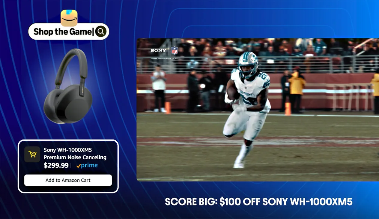 Shoppable CTV ad during a live football stream, with the game shrunk to one side and a headphones offer and Add to Cart button beside it
