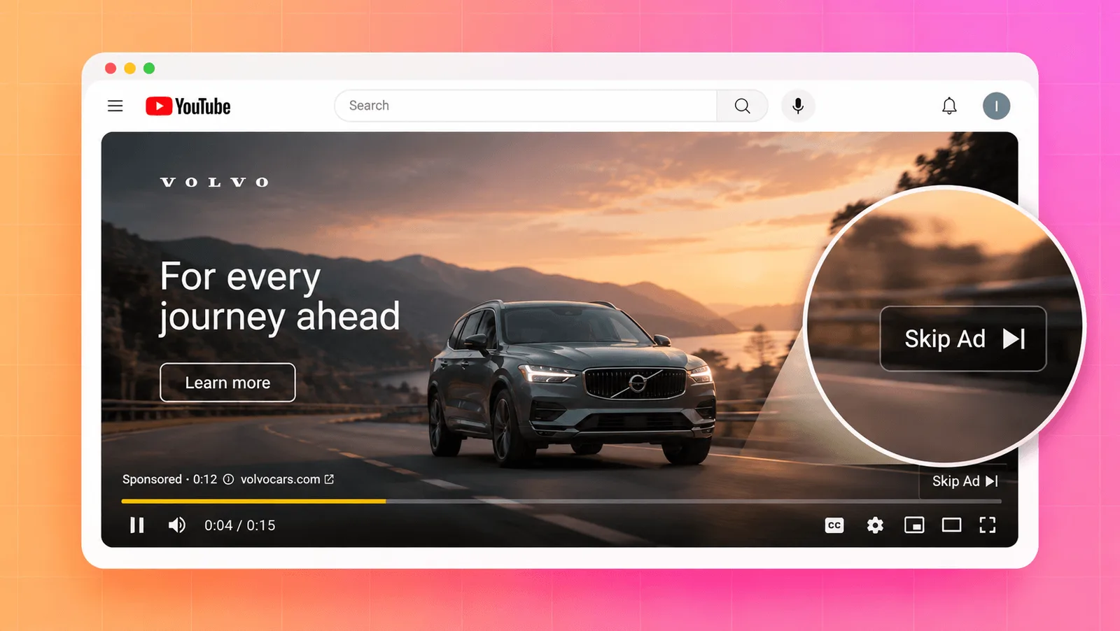 Skippable in-stream video ad on YouTube showing a car commercial with the Skip Ad button highlighted after 5 seconds
