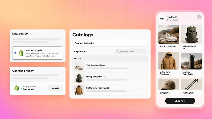 AppLovin dynamic catalog ad pulling outdoor products from a connected Shopify store into a personalized in-app product grid