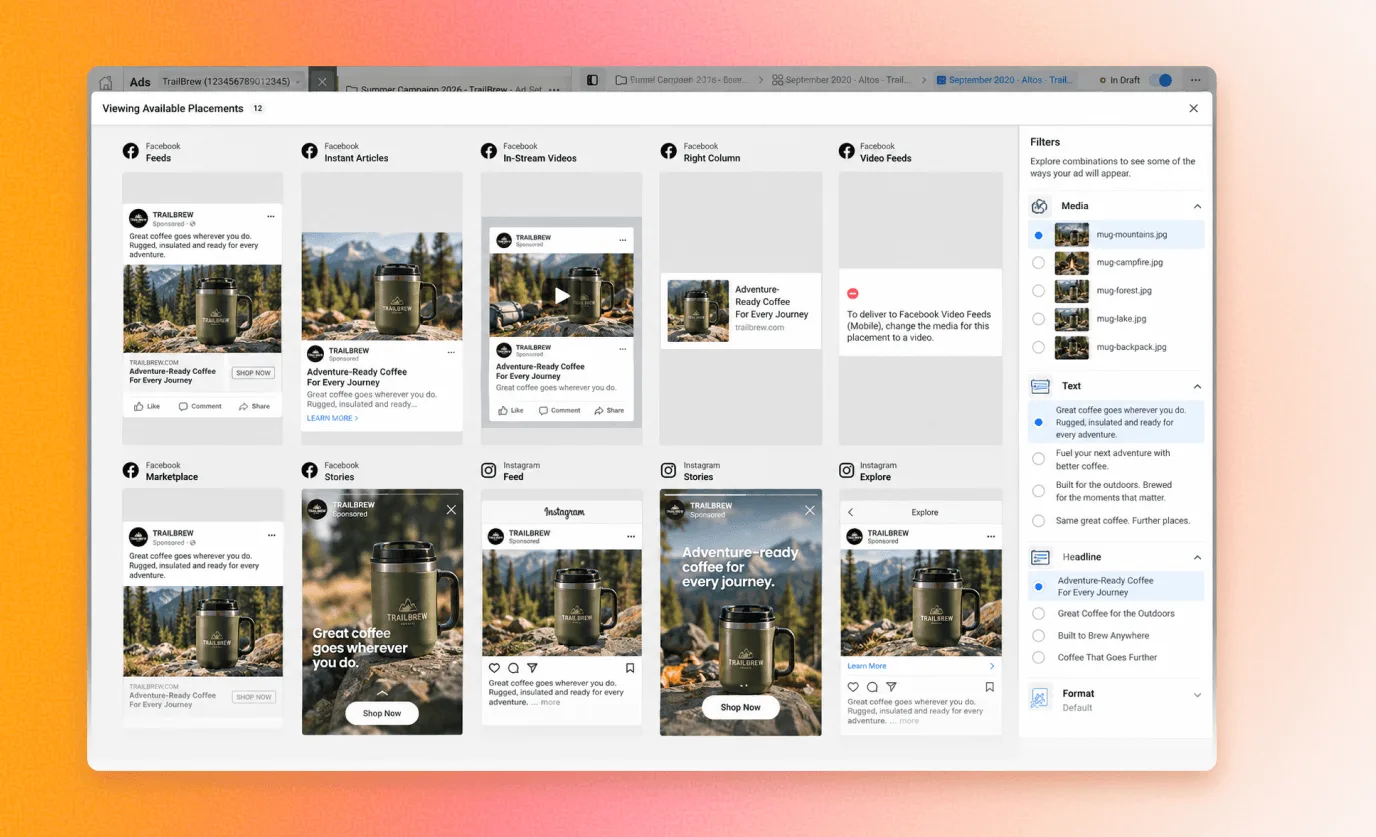 Meta dynamic creative preview in Ads Manager, showing one coffee mug ad assembled into different combinations across Facebook and Instagram placements